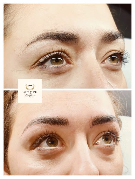 Quelques cils avant et après un traitement de rehaussement, mettant en valeur les yeux.