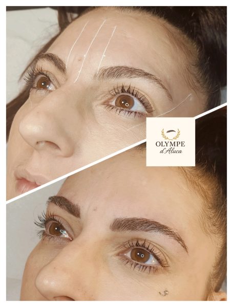 Comparaison de deux visages avec des sourcils redessinés et des traits du visage modifiés.