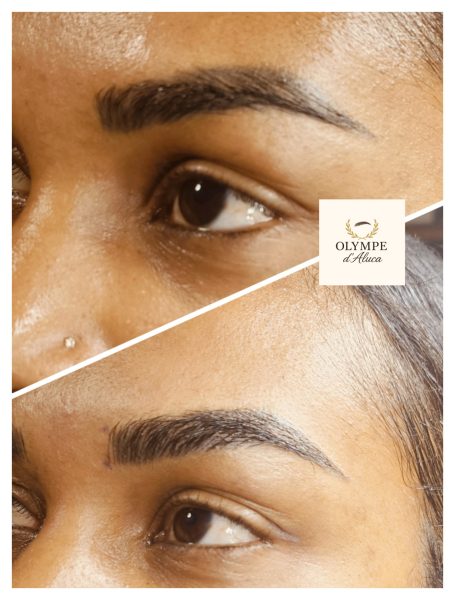 Avant et après de sourcils parfaitement dessinés, mettant en valeur la beauté naturelle.