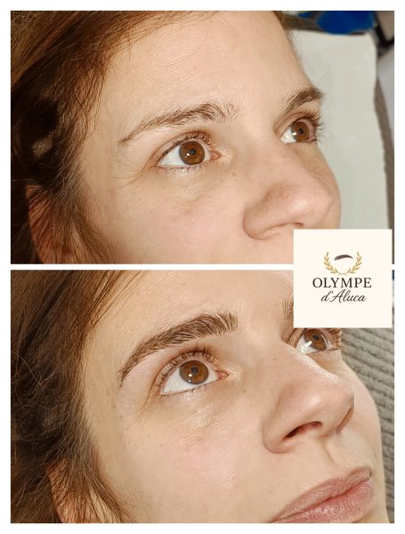 Portrait d'une femme avant et après un soin des sourcils, mettant en valeur son regard.