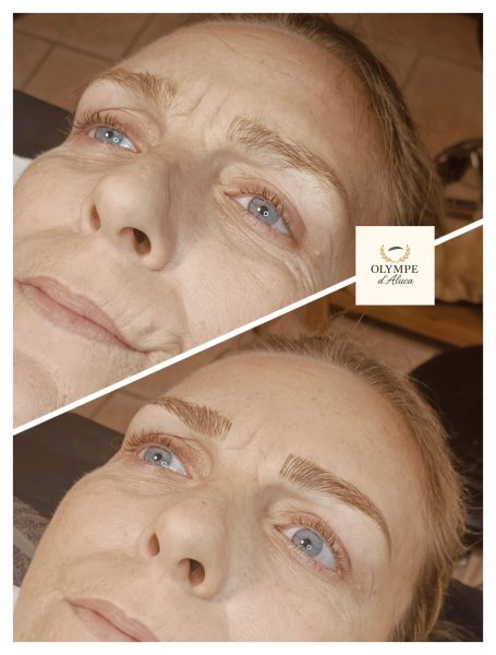 Avant et après : transformation des sourcils d'une femme avec des yeux clairs.