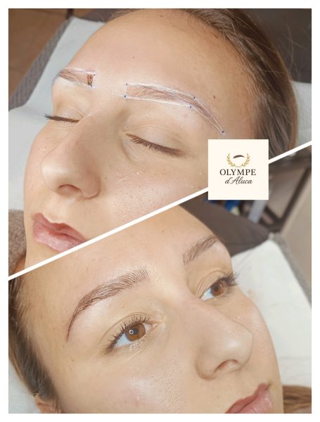 Femme recevant un soin des sourcils, avant et après le traitement, avec sourcils redessinés.