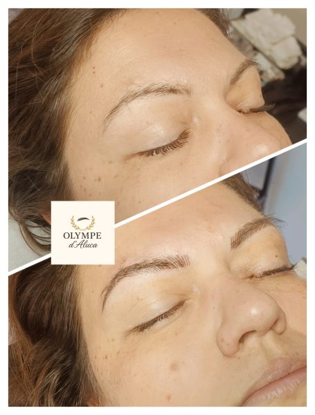 Résultat d'un traitement des sourcils sur une femme, avant et après l'application.